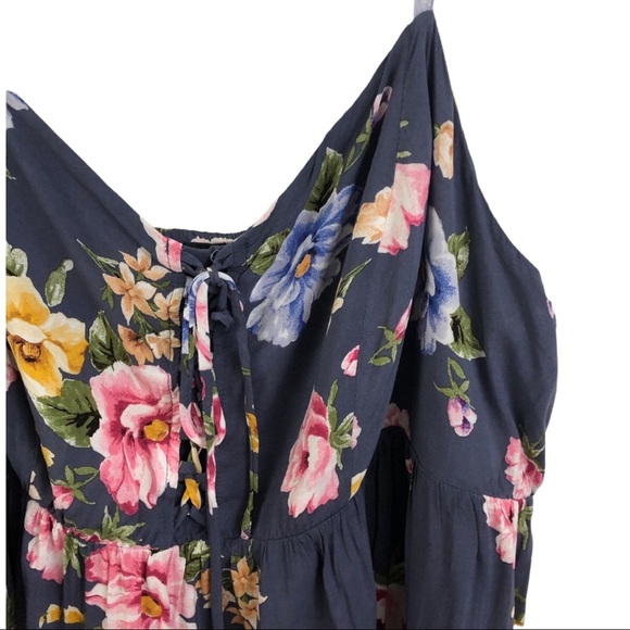 TORRID Blue Pink Yellow Floral Smocked Sun DRESS 4 4X Tie Front Tank hi lo hem - Picture 2 of 12